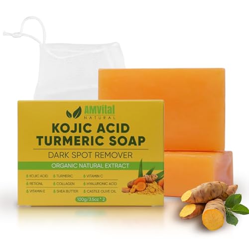 Turmeric Kojic Acid Soap Bars with Vitamin C, Retinol & Hyaluronic Acid ? Face & Body Soap with Collagen & Shea Butter ? 2-Pack Cleansing Bars for All Skin Types