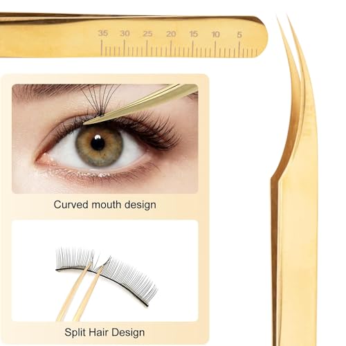 Flirt Curved Isolation Lash Tweezer by SoCal Beauty | Gold Professional Eyelash Tweezer for Eyelash Extensions, Hand-Tested with MM Guide ? Lash Artist¡¯s Favorite Precision Eyelash Applicator