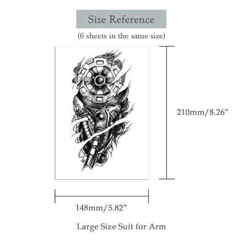 6 Sheets Temporary Tattoo Stickers Muscle Men Black 3D Mechanical Metal Arm Hollow Gear Shoulder Leg