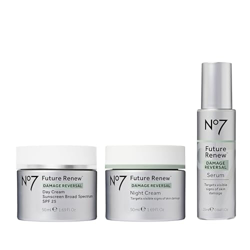 No7 Future Renew Damage Reversal Skincare Set - Anti Aging Face Serum (.33 Fl Oz), Day Cream with SPF 25 (1.69 Fl Oz) & Night Cream (1.69 Fl Oz) - Reverses Visible Signs of Sun Damage - 3-Piece Set | Damage Reversal, Day Cream, SPF 25, Night Cream