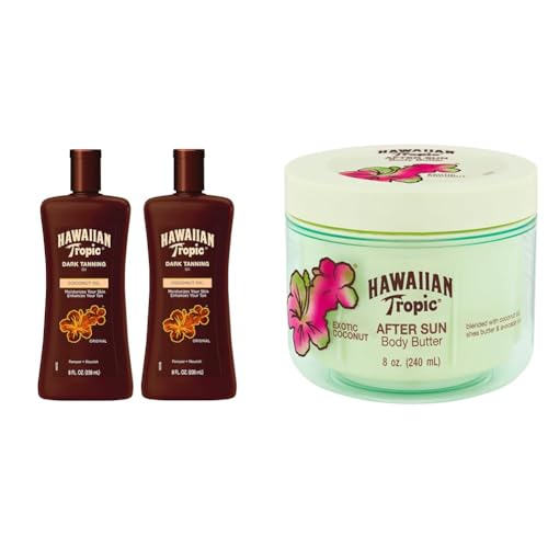 Hawaiian Tropic Dark Tanning Oil Twin Pack, 8oz Each After Sun Body Butter with Coconut Oil, 8oz
