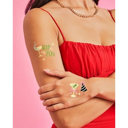 xo, Fetti 30th Birthday Temporary Tattoos - 50 Gold Foil Pcs | Birthday Cocktail Accessory, Dirty Thirty Olive Party Favor, Cute RIP to My 20s Bday Activity