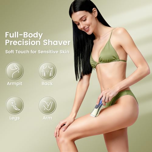 Bikini Trimmer for Women, 2-in-1 Electric Razor with Dual Heads, Ceramic Blade, Waterproof & Rechargeable, Painless Pubic Hair Shaver for Bikini, Underarm, Legs, Face | Gift for Her - MossGreen