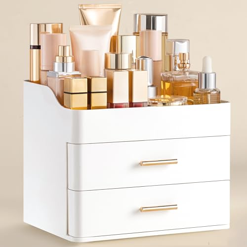 HBlife Makeup Organizer for Vanity with 2 Drawers, Large Bathroom Countertop Cosmetics Organizer Skin Care Storage, Easy to Store Lipsticks, Nail Polishes, Perfumes, Eyeshadow Palettes, All White