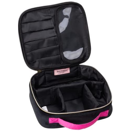 Juicy Couture Black Hot Pink Makeup Bag Cosmetics Organizer Travel Essentials Compartmentalized Glitter