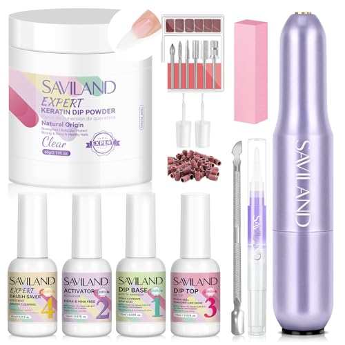 SAVILAND Clear Dip Powder Nail Kit with Electric Nail Drill: 60g/2.1oz Clear Dipping Powder for Nails with Dip Nail Liquid Set Base Activator and Top Coat Brush Saver Builder Repair Kit Home Manicure