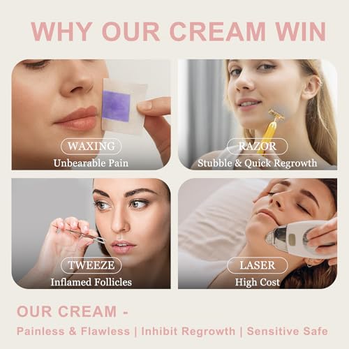 Women Facial Hair Removal Cream for Face Sensitive Skin, Painless Facial Depilatory Cream for Face, Flawless Unwanted Chin Upper Lip Hair Remover, At Home Pubic Hair Removal, 1.69 fl.oz