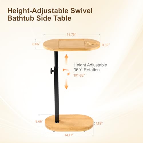 Bamboo Bathtub Side Table, 360¡Æ Swivel Height Adjustable Freestanding Bath Caddy Organizer with 5 Storage Sections, Luxury Home Spa Bathroom Essential (Natural)