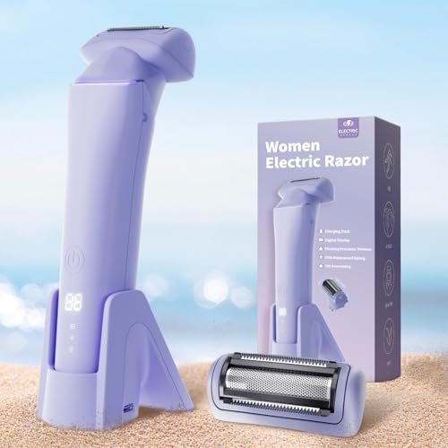 krofaue Women Electric Shaver - Cordless Waterproof Body Foil Shavers, Dry & Wet Electric Razors for Women with LED Display USB Charge Dock Purple