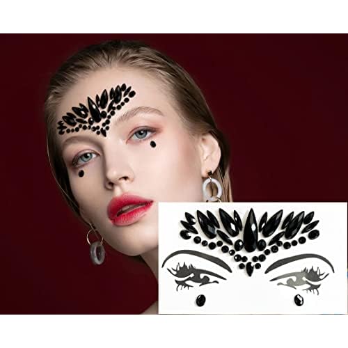 Mermaid Face Jewels - 4-Sheet Black Festival Sticker, Body Rhinestone Gems Rave Rainbow Face Crystals for Halloween, Music Carnival Festival Party Makeup