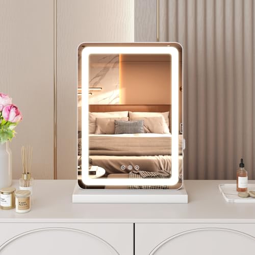 NEWBULIG 18.5"x13" LED Vanity Mirror with Lights, Lighted Smart Tabletop Makeup Mirrors for Desk, Touch Control Dimmable Brightness, 3 Color Lighting Modes