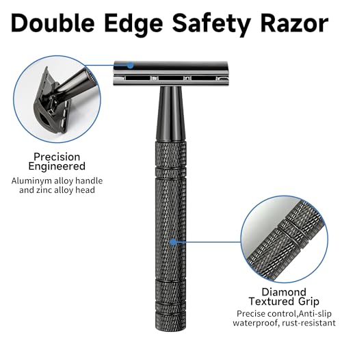 Safety Razor, Single Blade Razors for Men, with 10 Stainless Steel Double Edge Blades, Reusable Metal Blade Razor, Smooth and Close Shave, Sustainable, Plastic Free-Gun Black