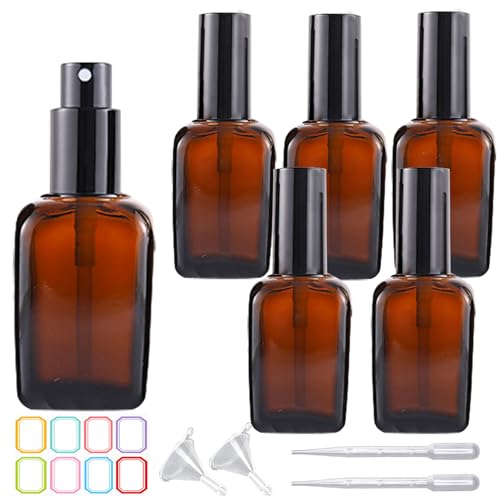 6Pcs 50ml Square Amber Glass Spray Bottles for Essential Oils 1.7oz Empty Small Fine Mist Spray Bottle,for perfume Liquids Travel Container (Amber, 50ML)