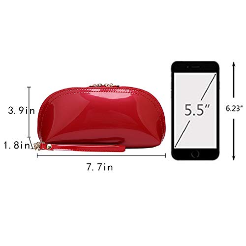 ZLMBAGUS Fashion Cosmetic Bag Patent Leather Makeup Pouch Wristlet Zipper Makeup Case Holder Coin Purse Clutch Red