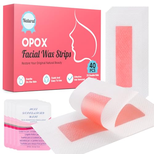 40PCS Facial Wax Strips for Hair Removal, Facial Hair Removal for Women, Waxing Kit for Women's Face, Bikini, Chest, Body, Arms, Legs, Back | 40ct Waxing Strips & 4 calming Oil Wipes (Pack of 2)
