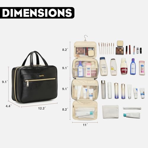 Yeiotsy Hanging Toiletry Bag - Waterproof Vegan Leather Organizer with Wet-Dry Compartments, Foldable Design for Camping, Gym & Business Travel (Black, Large)