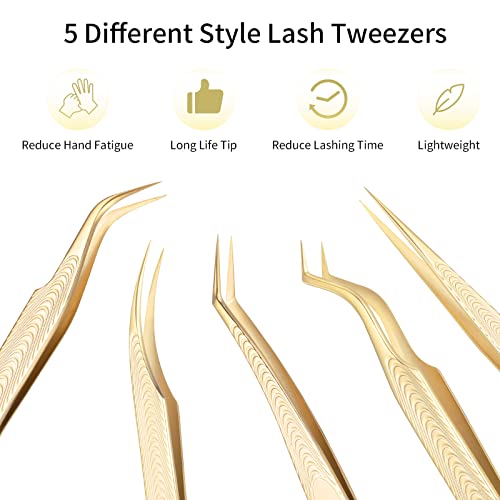 5 PCS Lash Extension Tweezers Set, Stainless Steel Professional Eyelash Extension Tweezers for Volume, Isolation and Classic Lashes