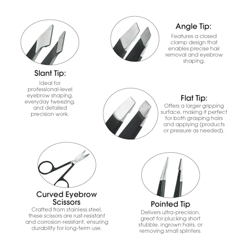 6 Pcs Tweezers Set ? Eyebrow Tweezers with Curved Scissors for Ingrown Hair, Hair-Plucking Daily Beauty Tools for Women, with Leather Travel Case