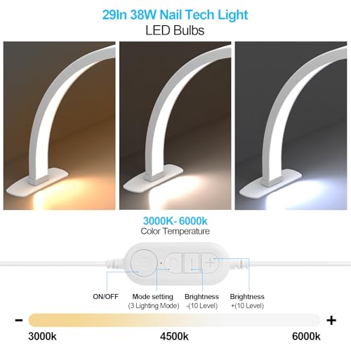 Foldable Large Half Moon LED Light,29" Arch Light for Table Nail Desk with Phone Stand, Upgrade Arch Light for Nail Techs with Wire Controller for Manicure Tattoo Beauty (White, Large)
