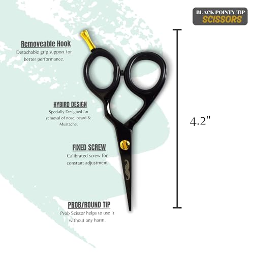 Rounded-Tip Trimming Scissors for Men ? Stainless Steel High Carbon Beard, Mustache, and Ear Hair Grooming Scissor (Black-Pointy-Tip)