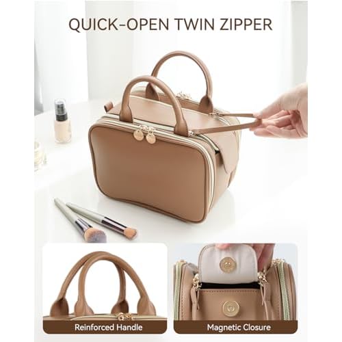 Prite Makeup Bag for Women, Large Capacity Waterproof Travel Cosmetic Organizer, Portable Open Flat Toiletry Bag with Free-standing Brush Holder and Handle(Brown Large)