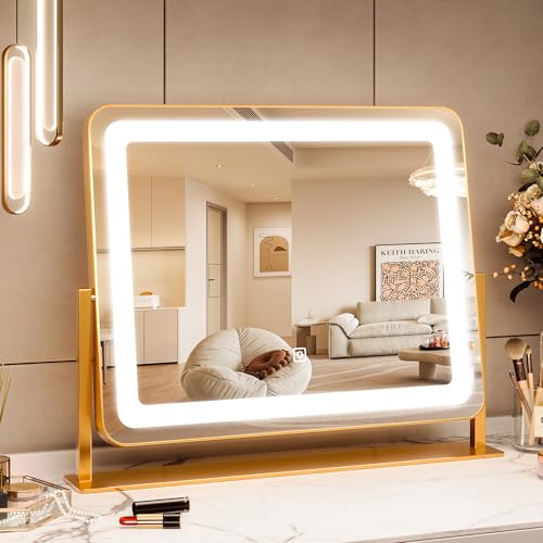GAOMON Vanity Mirror with Lights, 19.7"x17.5" Touch Screen LED Mirror, 3 Lighting Modes for Makeup/Skincare, Adjustable Tabletop Mirror for Bedroom/Bathroom Decor, Gold