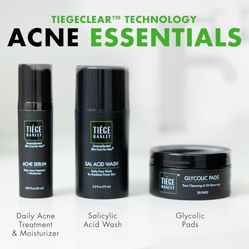 Tiege Hanley Acne Treatment Skin Care Set for Men, System Level 1, Tiegeclear Advanced Routine With Salicylic Acid Wash, Glycolic Acid Pads, and Serum, All Skin Types, Men¡¯s Skin Care, 3 Piece Kit