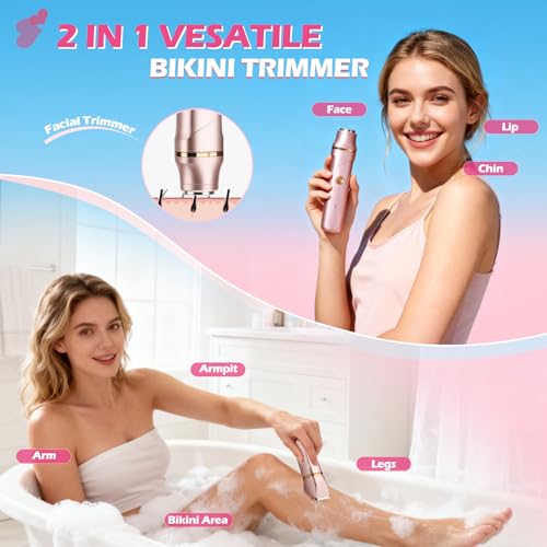 Bikini Trimmer for Women 2-in-1 Womens Electric Razor | Dual Ceramic Blades Electric Shaver for Sensitive Skin, Rechargeable, Waterproof IPX7 Pubic Hair Trimmer for Shower & Travel | Gift for Her