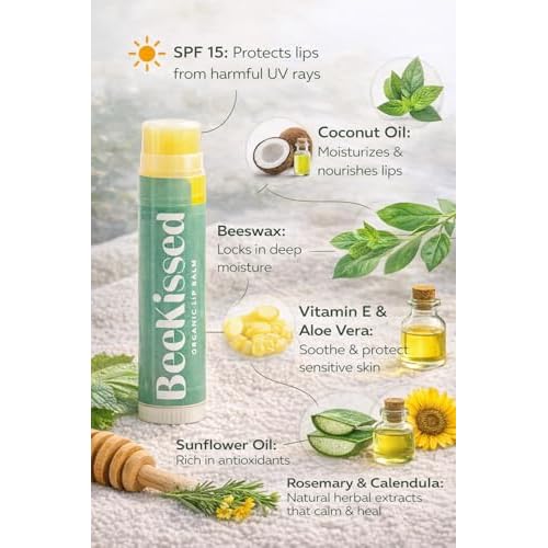 USDA Organic Lip Balm, Eucalyptus Mint with SPF 15, Beeswax, Coconut Oil, Vitamin E & Aloe Vera, 2-Pack (0.15 oz each)