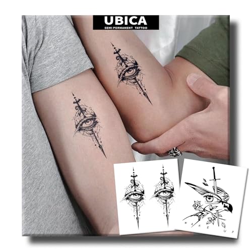 Semi Permanent Tattoo, 2 Sheets Realistic Temporary Tattoos for Women Men Adult, Lasts 2 Weeks Fake Tattoo for Arm Wrist, Waterproof and Non-Reflective, Unique Eye & Sword Designs Couple Tattoos
