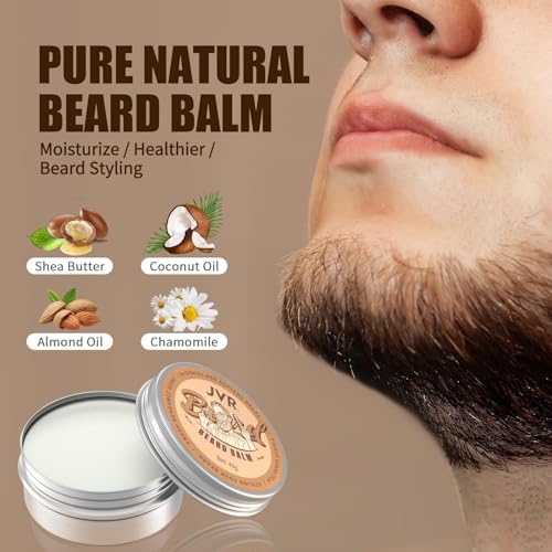JVR Beard Grooming Kit for Men, Beard Care Kit Includes Oil and Balm,100% Boar Brush Vegan Just for Men Mustache, Perfect Gifts for Him Man Dad Boyfriend