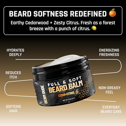 Derm Dude Full and Soft Beard Balm for Men ? Conditioning Balm with Natural Oils for Growth, Softness & Styling ? Tames Frizz, Hydrates Skin ? Non-Greasy - Cedar & Citrus, 2oz