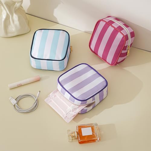 Small Stripe Makeup Bag for Purse, Mini Cosmetics Bag with Zipper, Cute Cosmetic Pouch for Women Girls, Key Pocket Lipstick Pouch Card Holder Data Cable Organizer(01 Rose Pink Stripes)