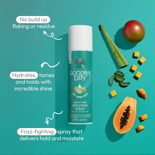 ORS Olive Oil Goodbye Dry Radiant Shine Holding Spray with Aloe, Mango & Papaya, Hydration & Nourishing for all Hair Types and Textures 8 Ounces