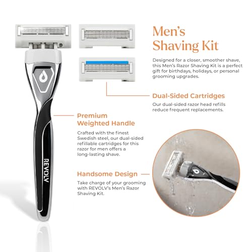 REVOLV - Men¡¯s Razor - 1 Premium Weighted Handle + 1 Dual-Sided Cartridge - For a Closer, Smoother Shave - Safe on Sensitive Skin - Black