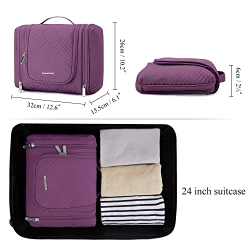 BAGSMART Large Travel Toiletry Bag for Women, Hanging Toiletry Bag with Hook, Travel Cosmetic Makeup Bag Travel Organizer for Accessories, Shampoo, Full Sized Container, Toiletries,Purple-Large