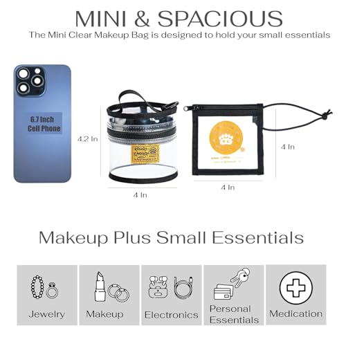 Rough Enough Mini Small Clear Makeup Bag TSA Approved Toiletry Bag for Cosmetic Travel with YKK Zipper Essentials Jewelry pouch