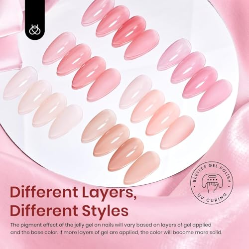 Beetles Jelly Gel Nail Polish Set, 6 Colors Jelly Gel Polish Kit Nude Pink Neutral Nail Art Design Sheer Translucent Gel Nail Kits Soak Off Uv Nail Lamp Cured Nail Manicure Gift for Women