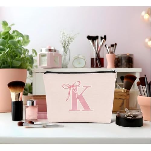 Initial Coquette Pink Bow Makeup Bag,initial K Personalized Teen Girl Gifts,Trendy Preppy Cute Monogrammed Gifts Girly Makeup Pouch Zipper Pouch for Women Teen Girl