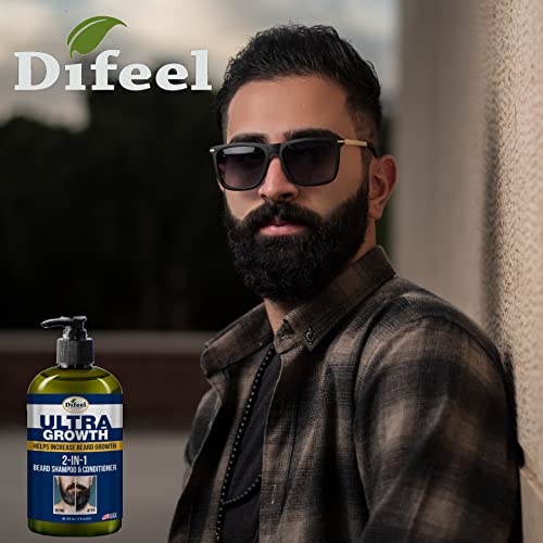 Difeel Men's Ultra Growth Beard Care 3-PC Gift Set for Men - Includes 2-in-1 Beard Shampoo & Conditioner 12oz, Beard Growth Oil 8oz, and Bonus Travel Size Beard Oil