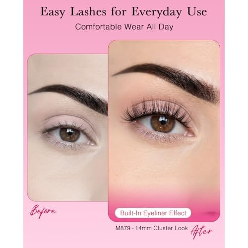 EMEDA Self Adhesive Eyelashes Preglued Glueless -Natural Look No Glue Eyelashes 14mm Natural Cat Eye Glueless No Glue Needed Reusable Stick on False Strip Lashes (879 with Tweezers)