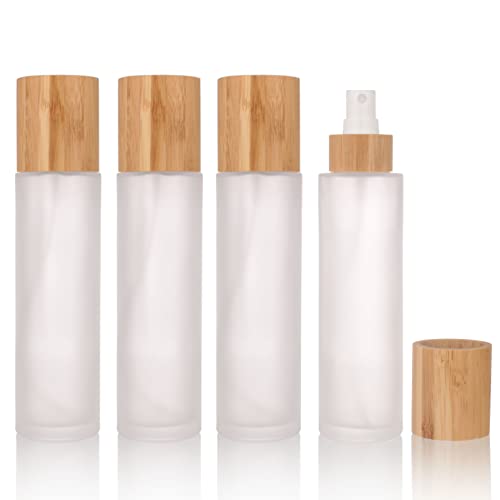 COSIDEA 4 pcs Empty 4oz /120ml bamboo lid Frosted glass spray bottle with fine mist despenser head for liquid perfume toiletries containers, toner bottles