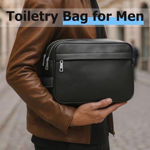 MIRASON Travel Toiletry Bag for Men Leather Travel Bag for Toiletries, Dopp Kit Water-resistant Shower Bag for Shaving Bathroom Organizer Gifts for Men, Black