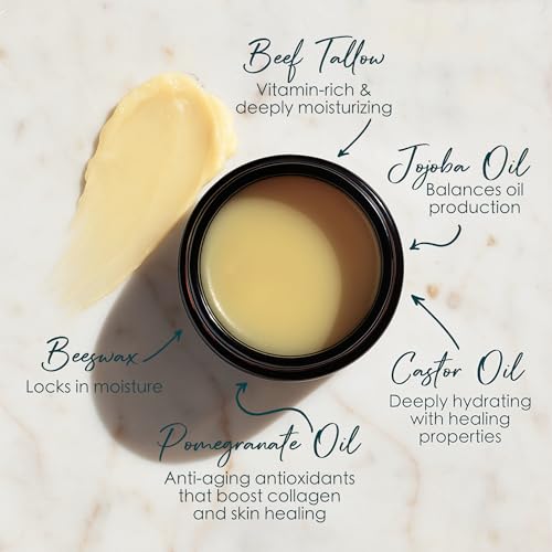 Beef Tallow Balm Face and Body Moisturizer for Sensitive Skin | Made with Grass-Fed Beef Tallow, Organic Pomegranate, Jojoba, and Castor Oil | Unscented 4 oz