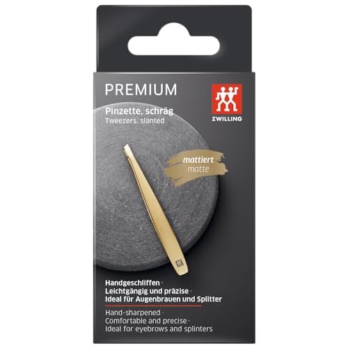 ZWILLING Tweezer Slanted (plucking eyebrows, removing splinters, hand finished, roughened tips, hypoallergenic), Premium, Gold, 3.5 inch