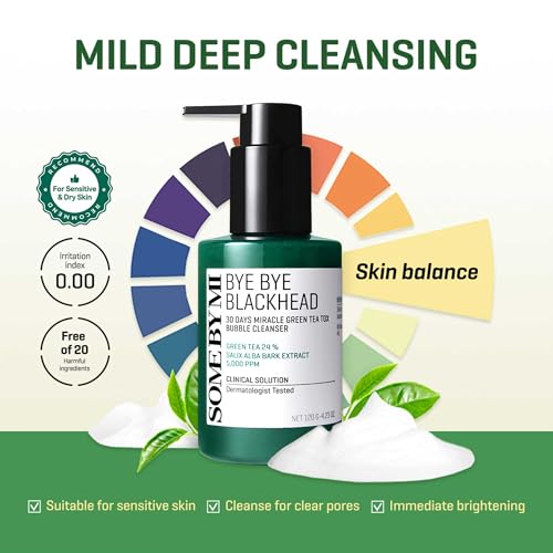 SOME BY MI Bye Bye Blackhead 30 Days Miracle Green Tea Tox Bubble Cleanser ? 4.23oz, 120g ? Korean Face Wash & Bubble Face Mask ? Daily Blackhead-Removing Pore Minimizer for Face ? Korean Skin Care