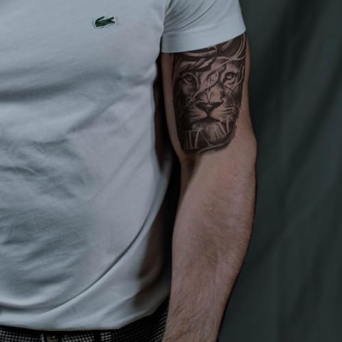 2 Sheets Realistic Animal Temporary Tattoos Stickers Gray Compass Lion Designs For Men Waterproof Arm Leg Fake Body Art, Gym & Parties Bold Masculine Decals