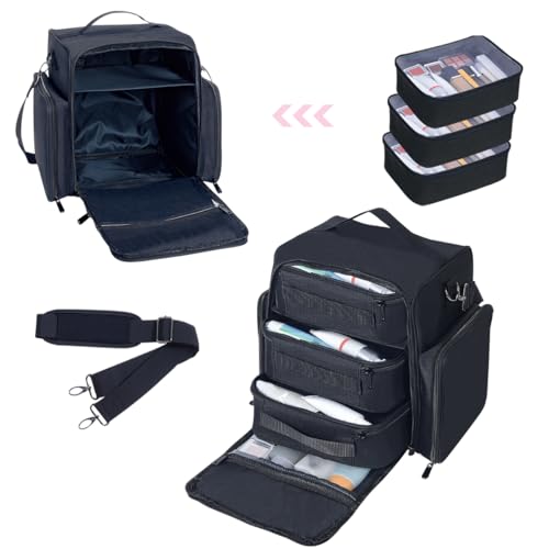 Train Case Makeup Bag Large Cosmetic Organizer with 3 Inner Removable Pouches Multifunctional Travel Makeup Artist Storage,Black