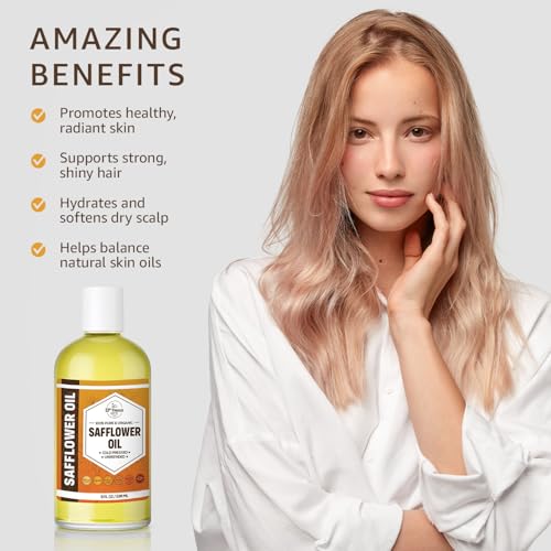 ORGANIC SAFFLOWER OIL (8 oz) Premium Cold Pressed Unrefined High Oleic 100% Pure Safflower Oil for Skin, Face, Hair, Soap Making | Carrier for Essential Oils | Available in Bulk | 8 FL OZ