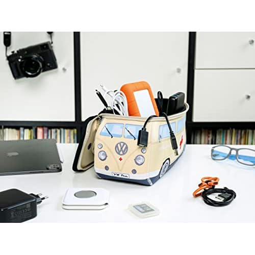 BRISA VW Collection - Volkswagen Neoprene Universal Makeup Cosmetics Toiletry Travel Pharmacy Bag in T1 Bus Design (Ambulance/Beige) (Large (11.8 x 5.5 x 4.7 inches))